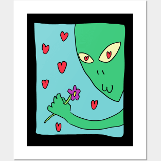 Alien picking flowers Posters and Art